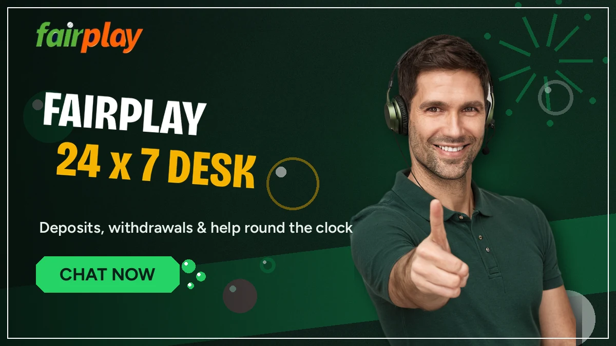 FairPlay 24x7 banner — support agent pointing up to the always-open WhatsApp desk