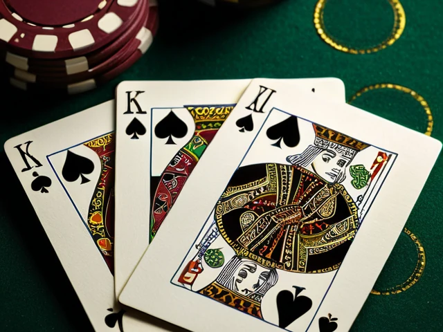 Teen Patti cards fanned on green felt beside stacks of gold chips