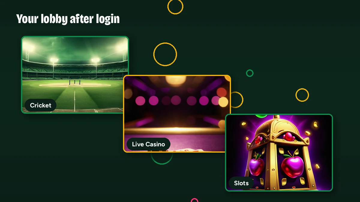 Cascading lobby cards shown after FairPlay 24 login — Cricket, Live Casino and Slots