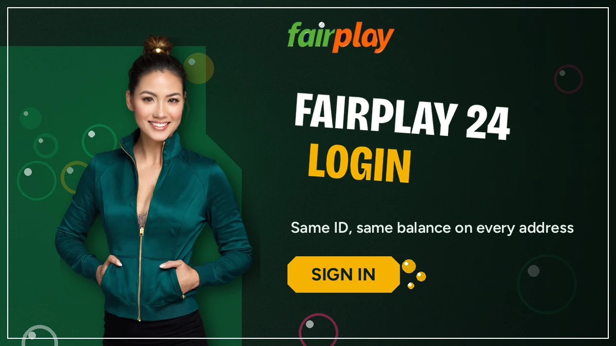 FairPlay 24 Login banner — hostess in an emerald jacket beckoning toward the sign-in button