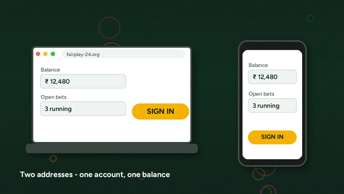 FairPlay 24 login shown across two mirror addresses — the same account, balance and open bets loading on a laptop and a phone