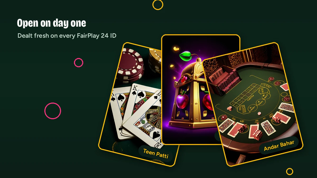 Fan of starter game cards dealt on registration day — Teen Patti, Slots and Andar Bahar
