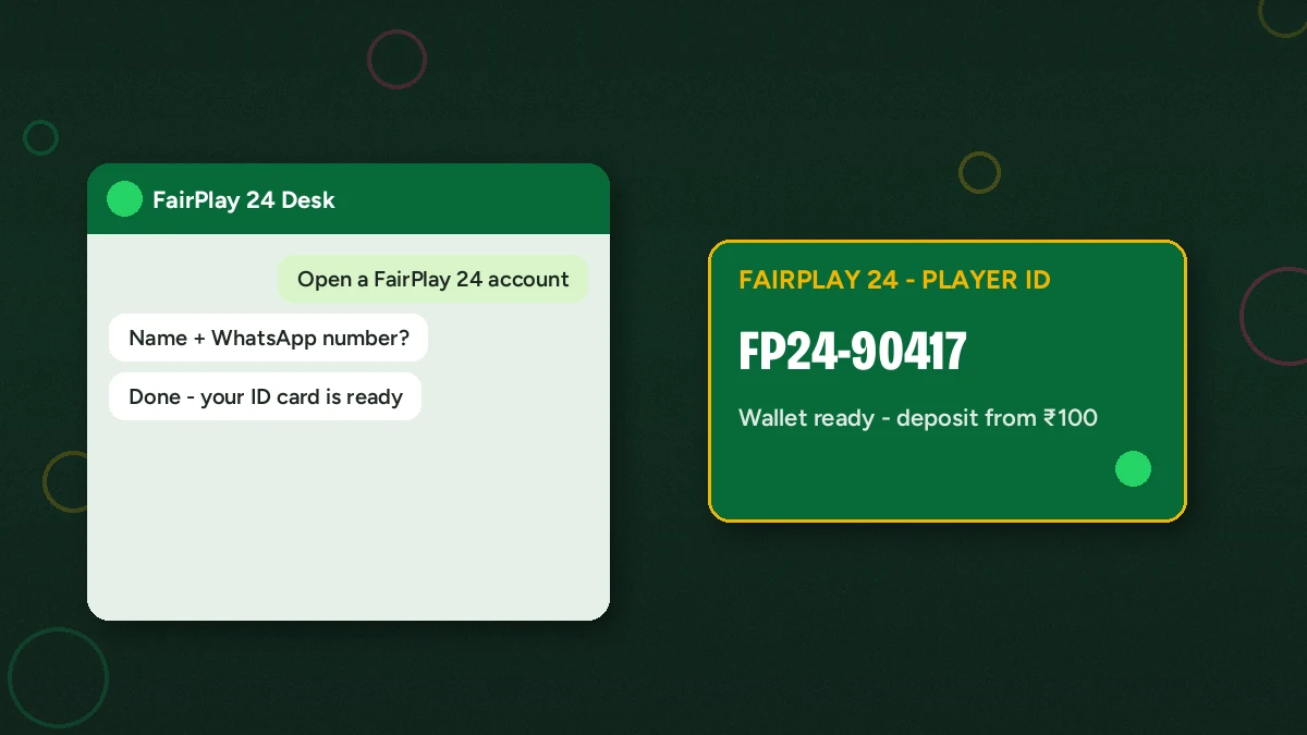 FairPlay 24 sign-up visual — a new player opening an account on WhatsApp beside a fresh ID card and wallet