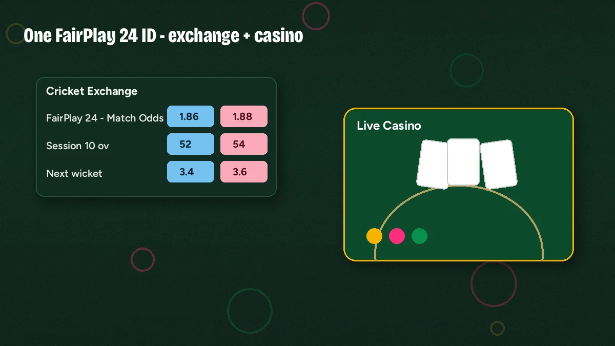 FairPlay 24 derby banner — cricket exchange screen beside a live casino table, rising green and magenta bubbles