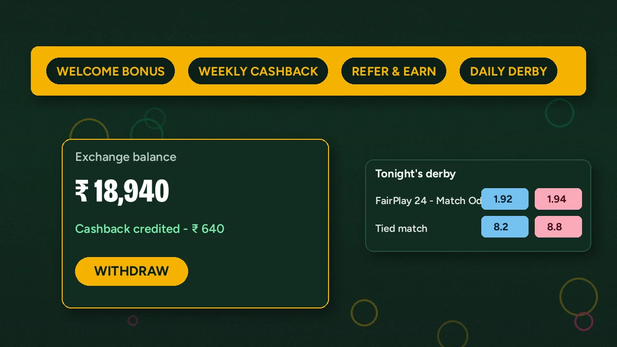 FairPlay 24 win ticker — a scrolling promo strip showing welcome bonus and weekly cashback beside a cricket exchange balance