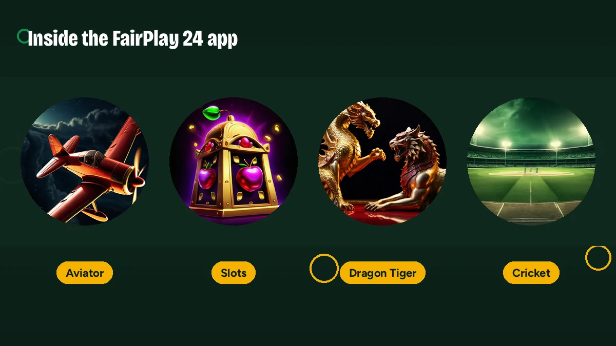 Circular ticker of games inside the FairPlay 24 app — Aviator, Slots, Dragon Tiger and Cricket