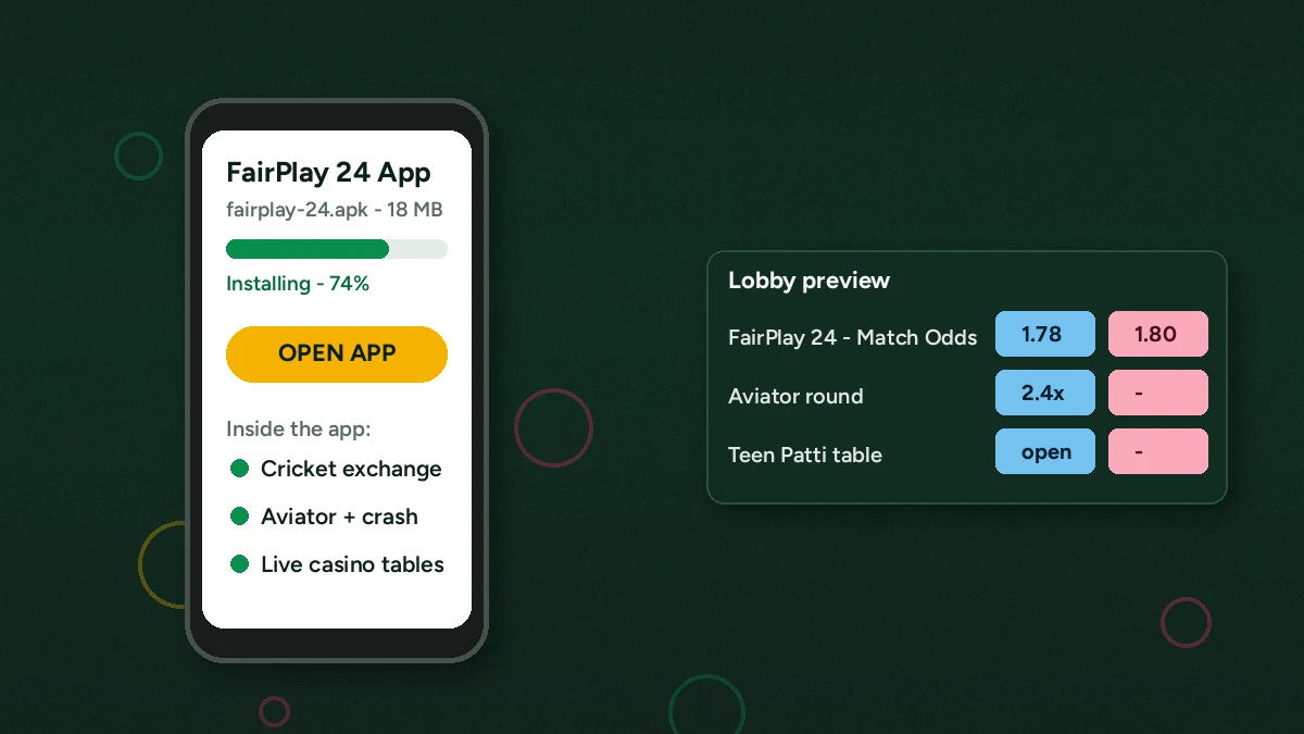 FairPlay 24 app shown in a phone frame — the install screen beside the cricket exchange and casino lobby