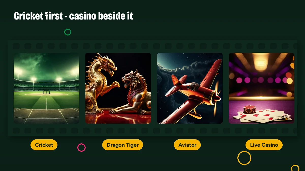 Cricket-first film reel of FairPlay markets — Cricket, Dragon Tiger, Aviator and Live Casino