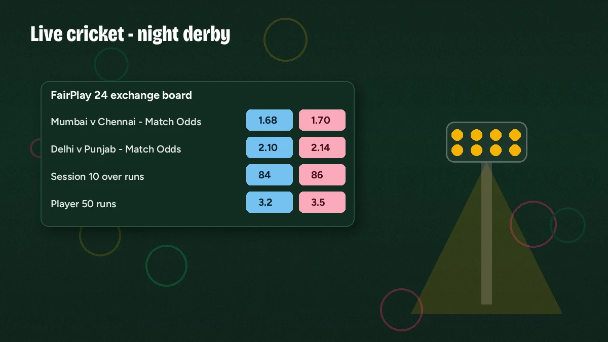 FairPlay 24 cricket board showing live IPL match odds and session lines during a night game