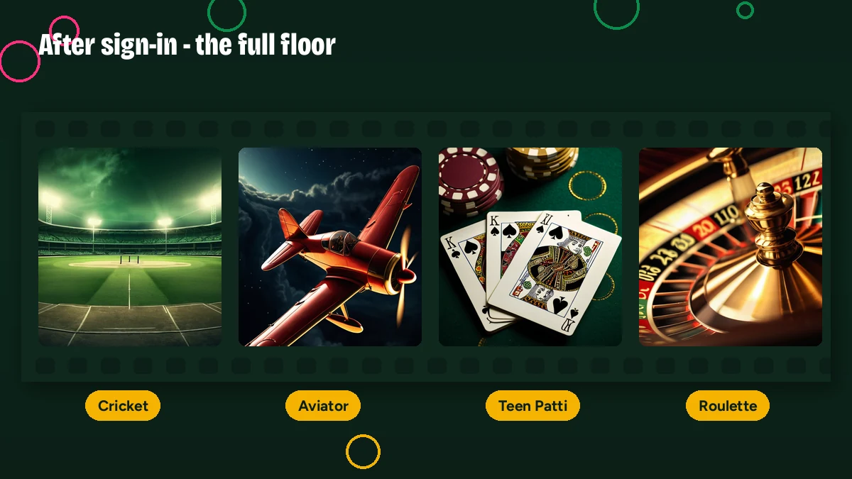 Filmstrip of FairPlay games unlocked after login — Cricket, Aviator, Teen Patti and Roulette