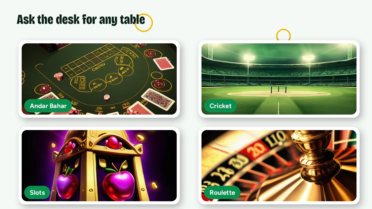 Desk-booked game grid for FairPlay 24 — Andar Bahar, Cricket, Slots and Roulette