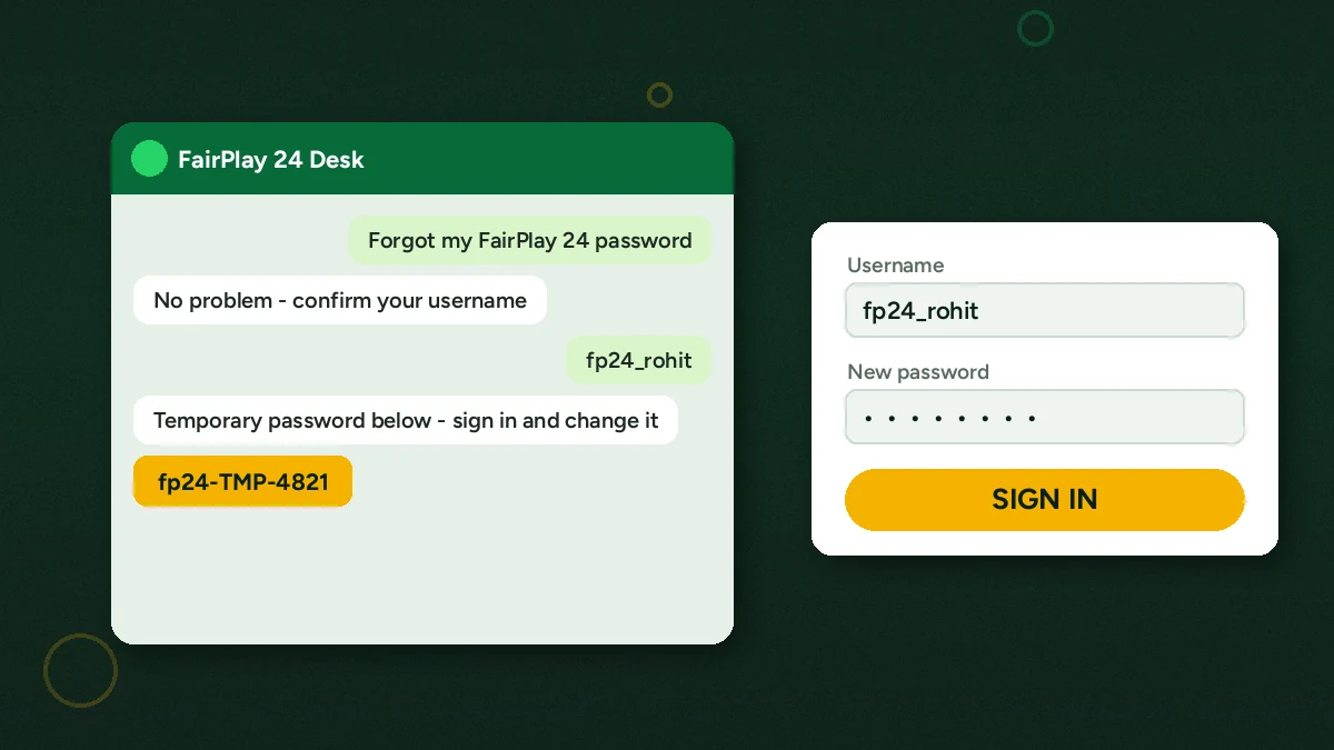 FairPlay 24 password reset shown as a WhatsApp chat with the support desk and a fresh temporary password ready to sign in